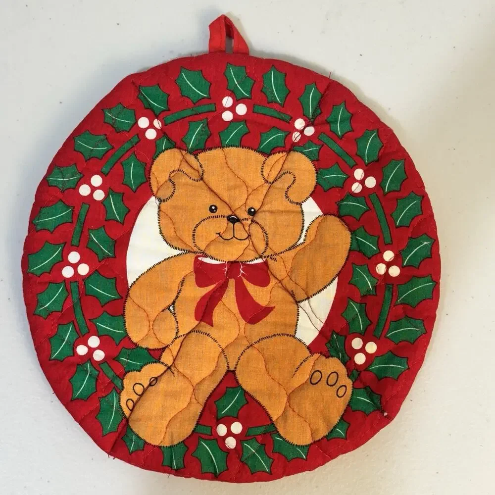 VTG Set Of 2 Christmas Teddy Bear 8.5” Round Red Quilted Fabric Pot Holder